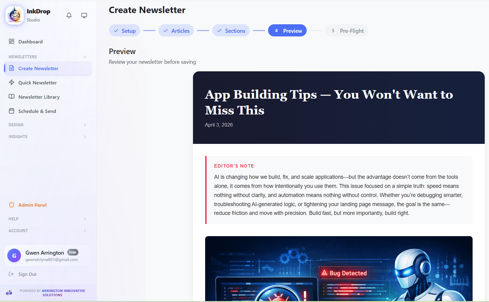 Newsletter preview with AI-generated content and images