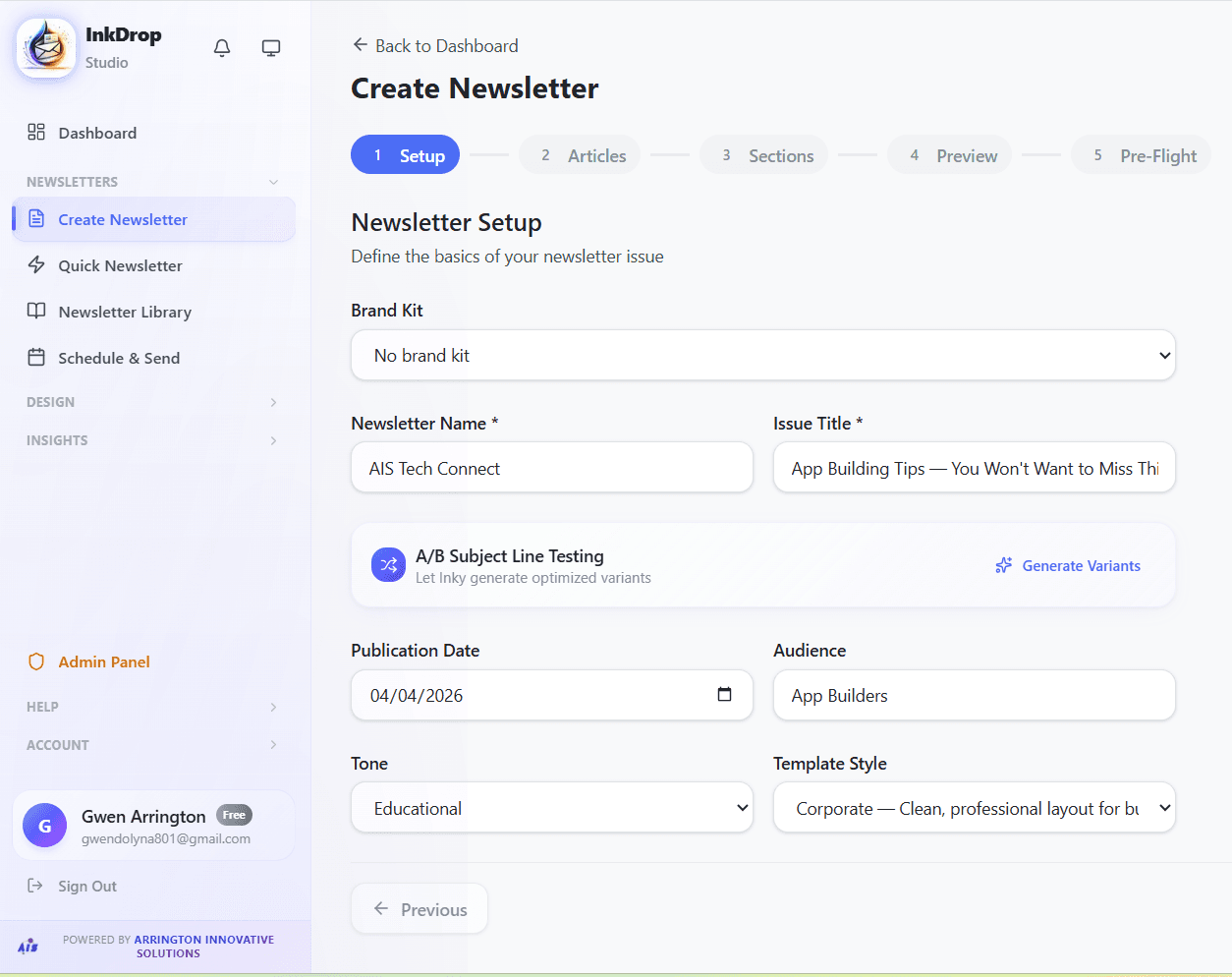 Newsletter setup screen — enter title, brand kit, tone