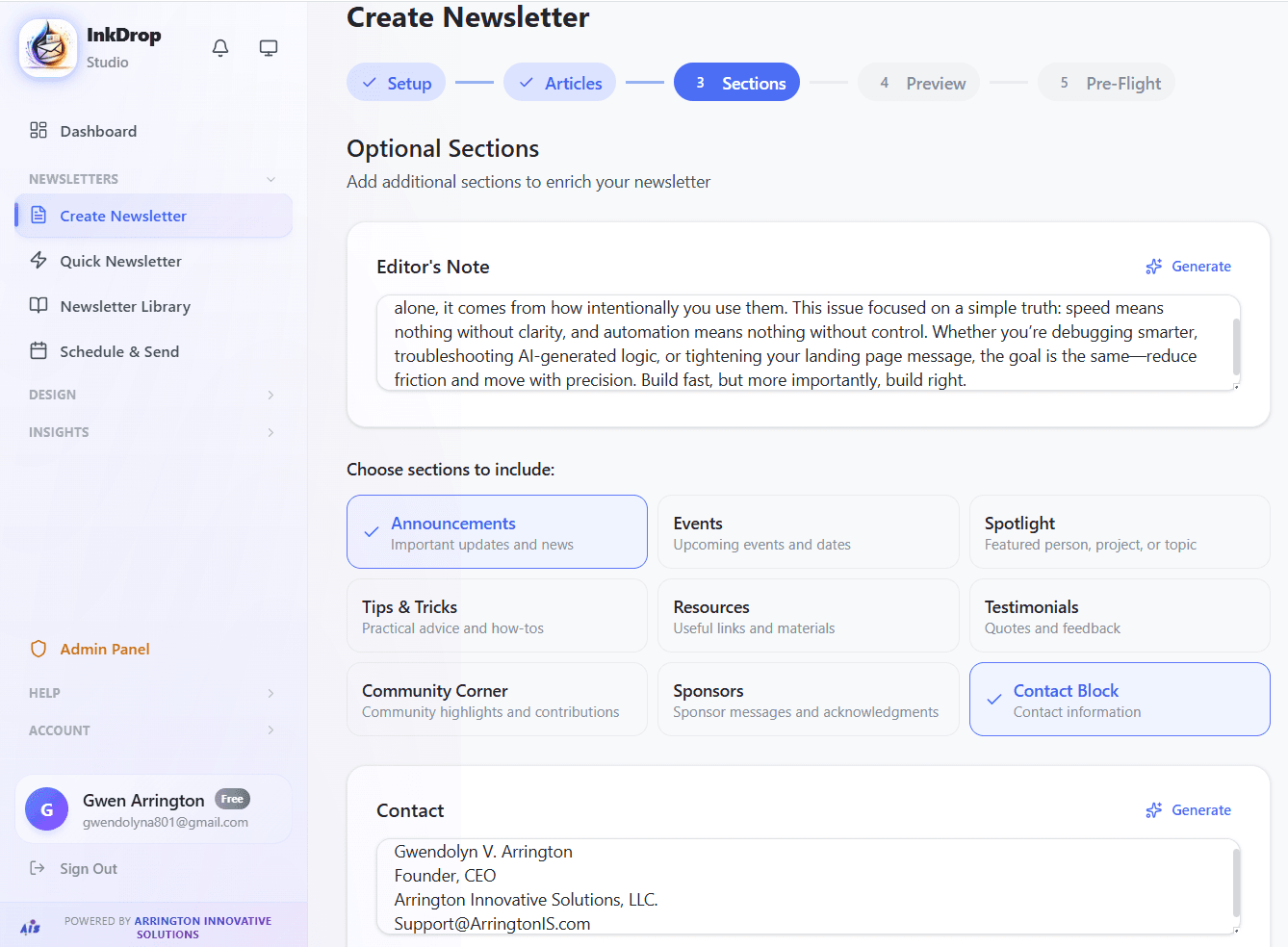 Sections builder — editor's note, announcements, contact