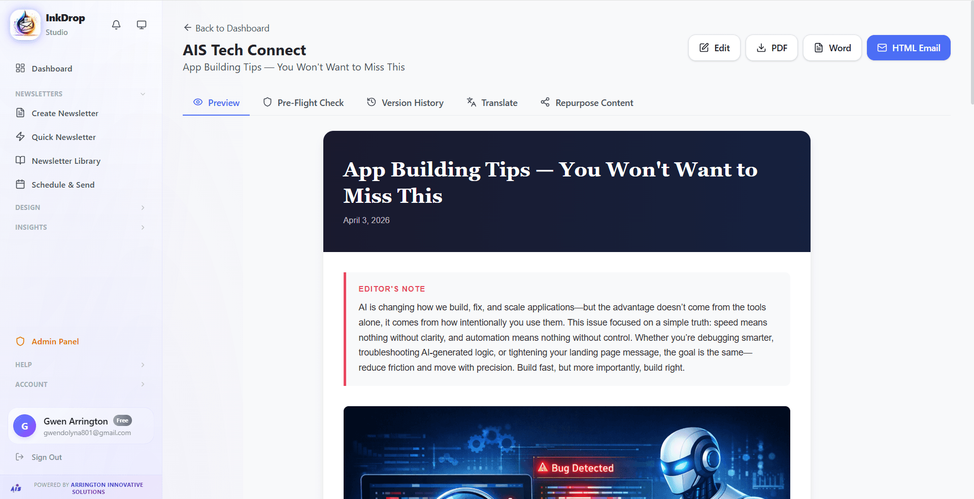 Export options — Edit, PDF, Word, HTML Email