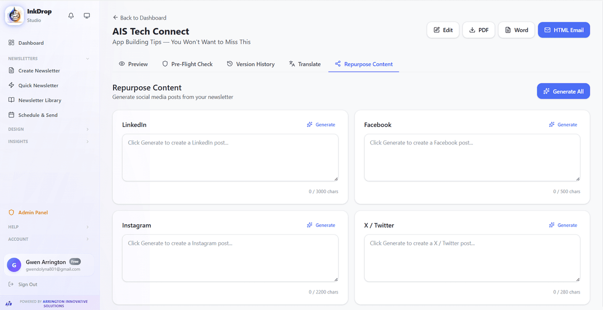 Social media repurposing — LinkedIn, Facebook, Instagram, X/Twitter