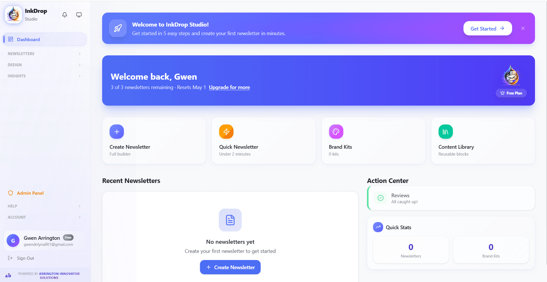 InkDrop Studio dashboard — welcome screen with quick actions